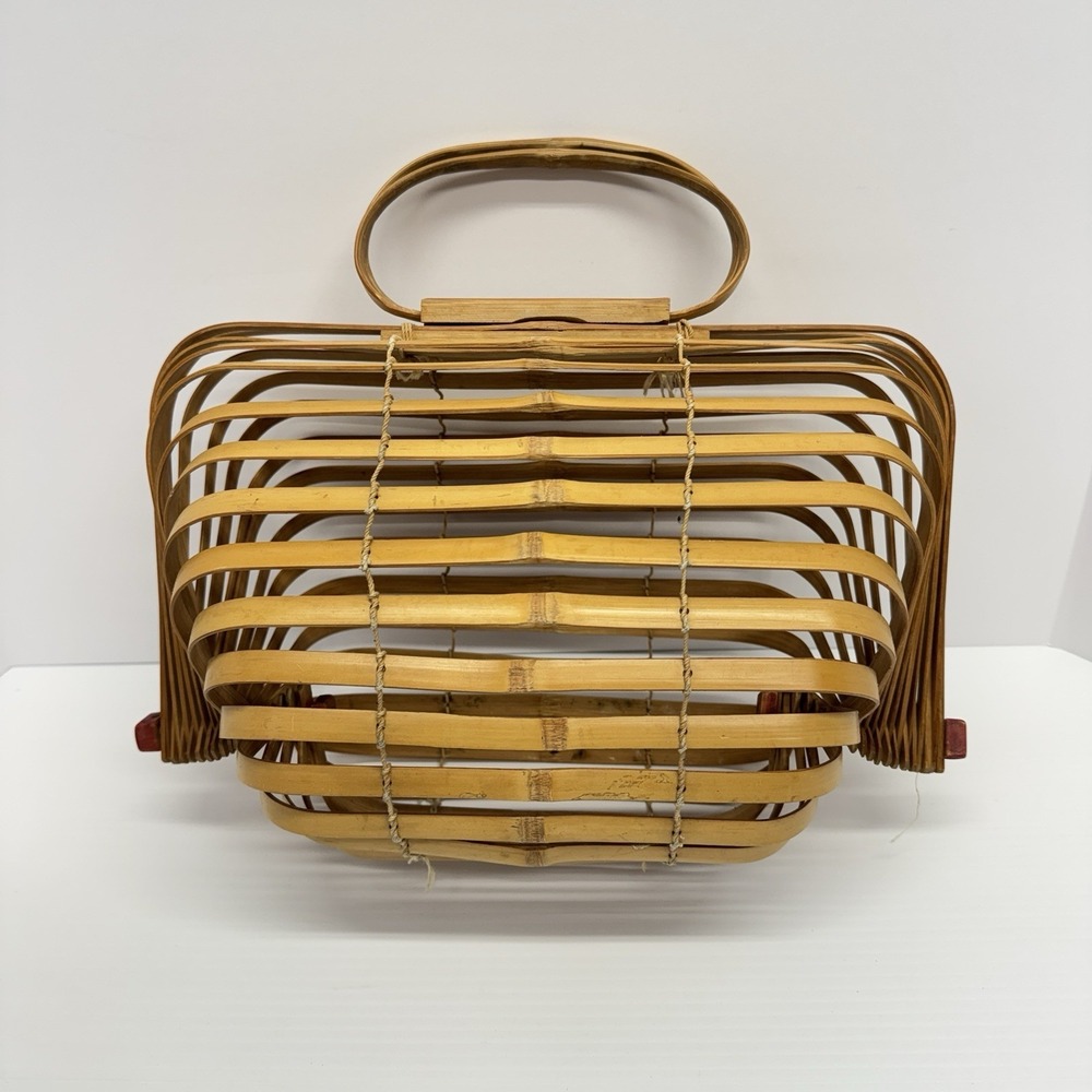 1940s 50s Japanese Bamboo Folding Purse Basket Bag Cage Bag Unique - Picture 3 of 7